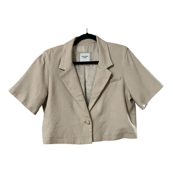 Abercrombie & Fitch Womens Size L Beige Linen Blend Cropped Blazer Jacket - Picture 1 of 4